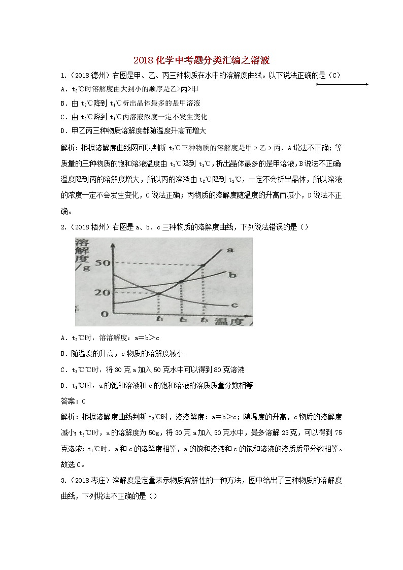 2018年中考化学真题分类汇编《溶液》(含解析)01