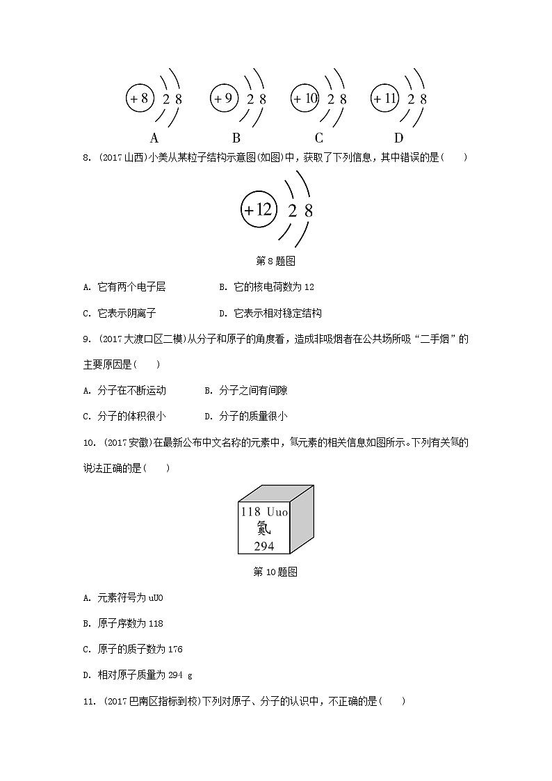 重庆市2018年中考化学总复习第一轮基础知识研究第2单元 第9讲《物质的组成和结构》练习(含答案)第2页