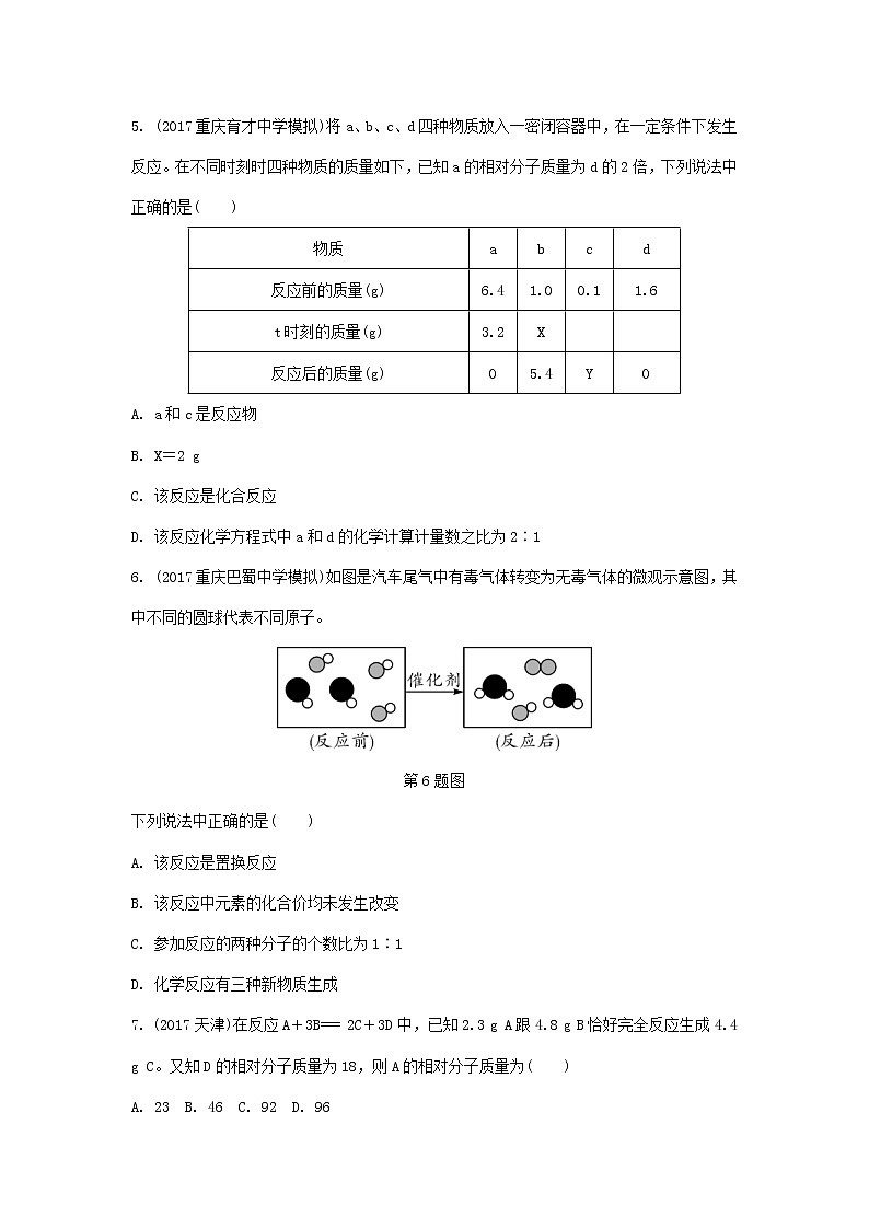 重庆市2018年中考化学总复习第一轮基础知识研究第2单元 第13讲《质量守恒定律》练习(含答案)第2页