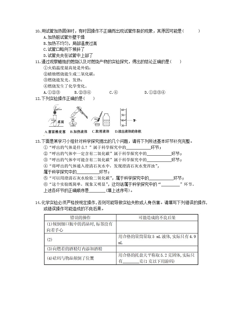 2020年人教版九年级化学上册《走进化学世界》单元检测卷一（含答案）02