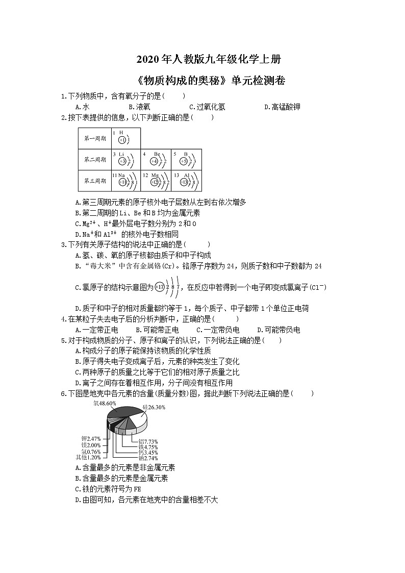 2020年人教版九年级化学上册《物质构成的奥秘》单元检测卷二（含答案）第1页