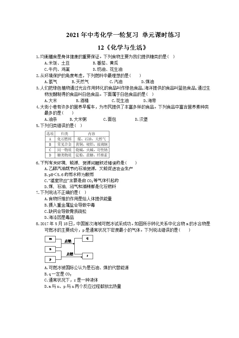 2021年中考化学一轮复习 单元课时练习12《化学与生活》(含答案)01