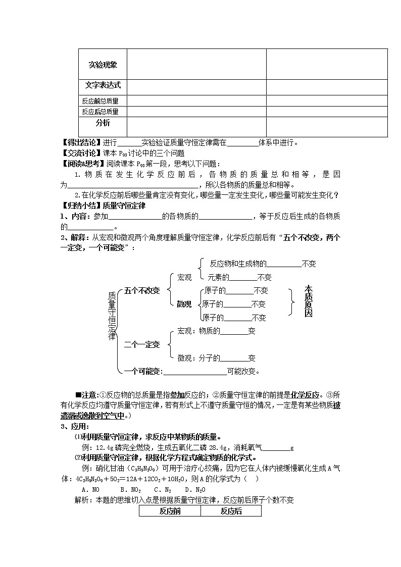 2020-2021学年度人教版九年级上学期化学学案（Word版）课题1 质量守恒定律 (1)02
