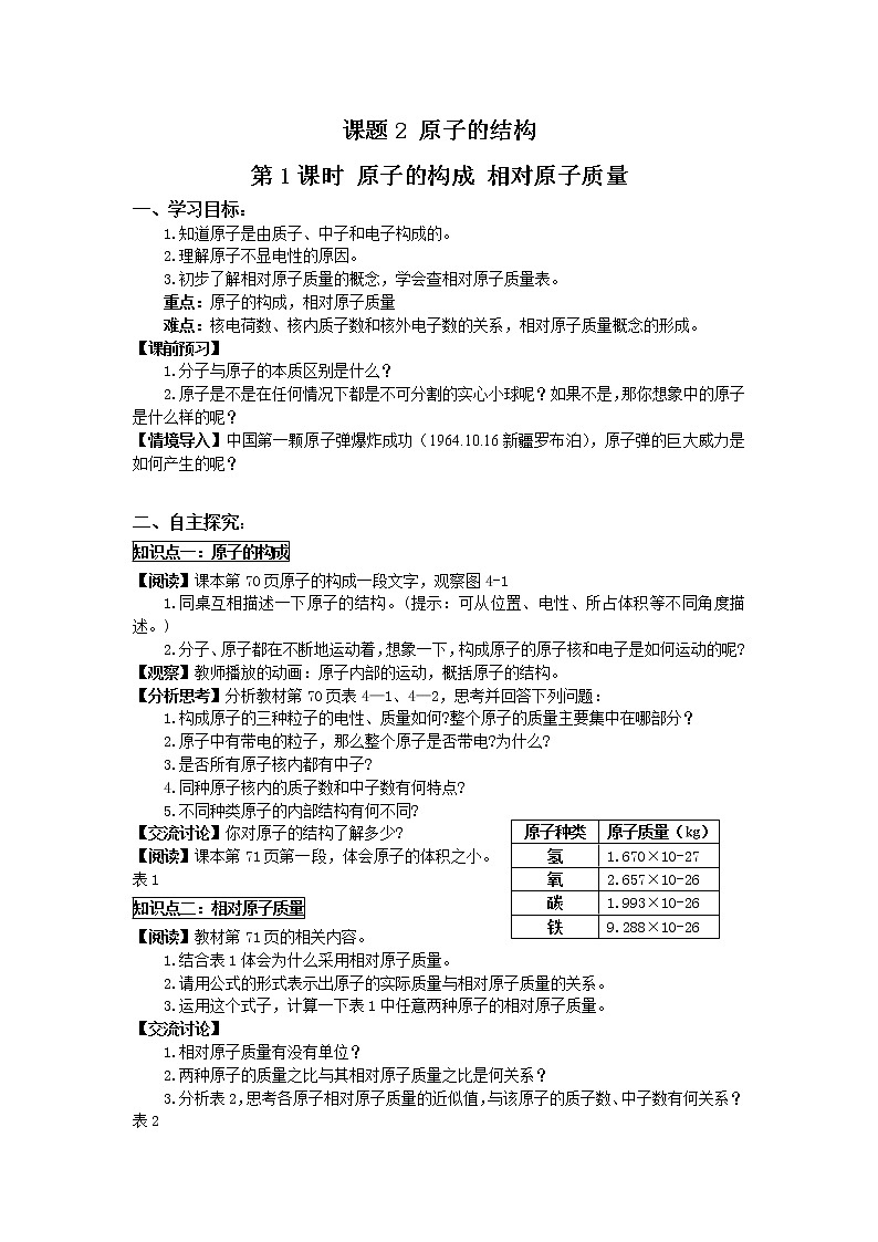 2020-2021学年度人教版九年级上学期化学学案（Word版）课题2 原子的结构第1页