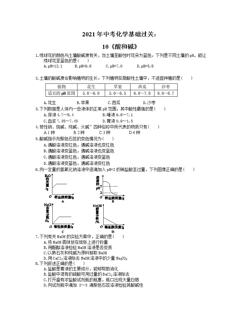 2021年中考化学基础过关：10《酸和碱》(含答案) 试卷01
