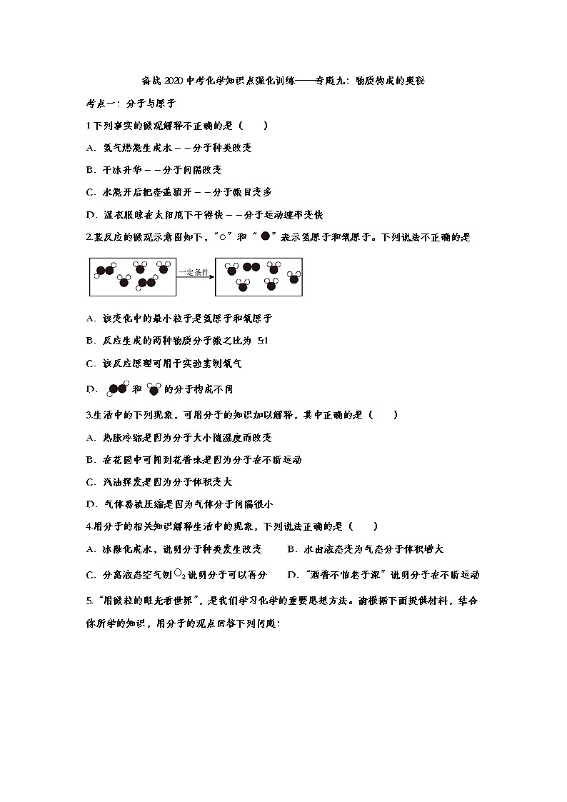 备战2020中考化学知识点强化训练——专题九：物质构成的奥秘01