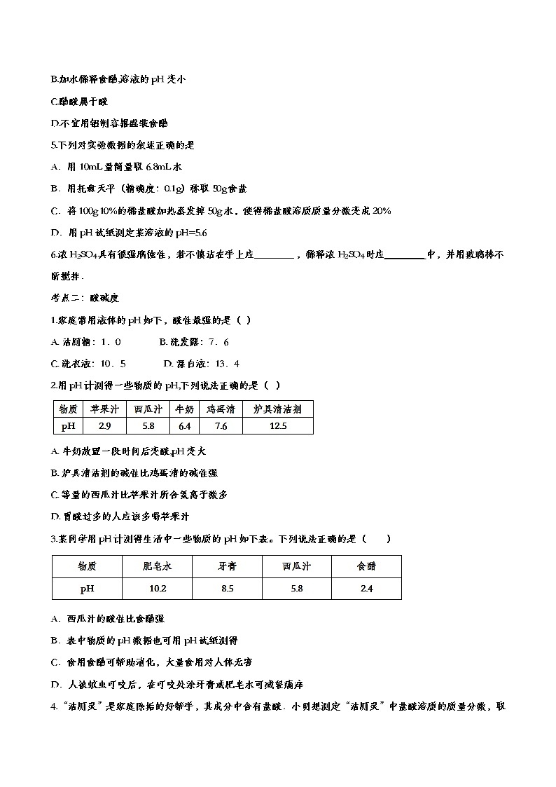 备战2020中考化学知识点强化训练——专题四十四：酸和碱02
