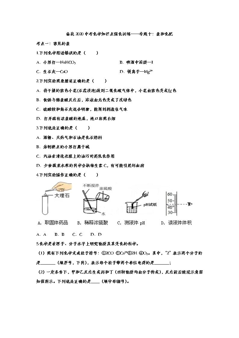 备战2020中考化学知识点强化训练——专题十：盐和化肥01