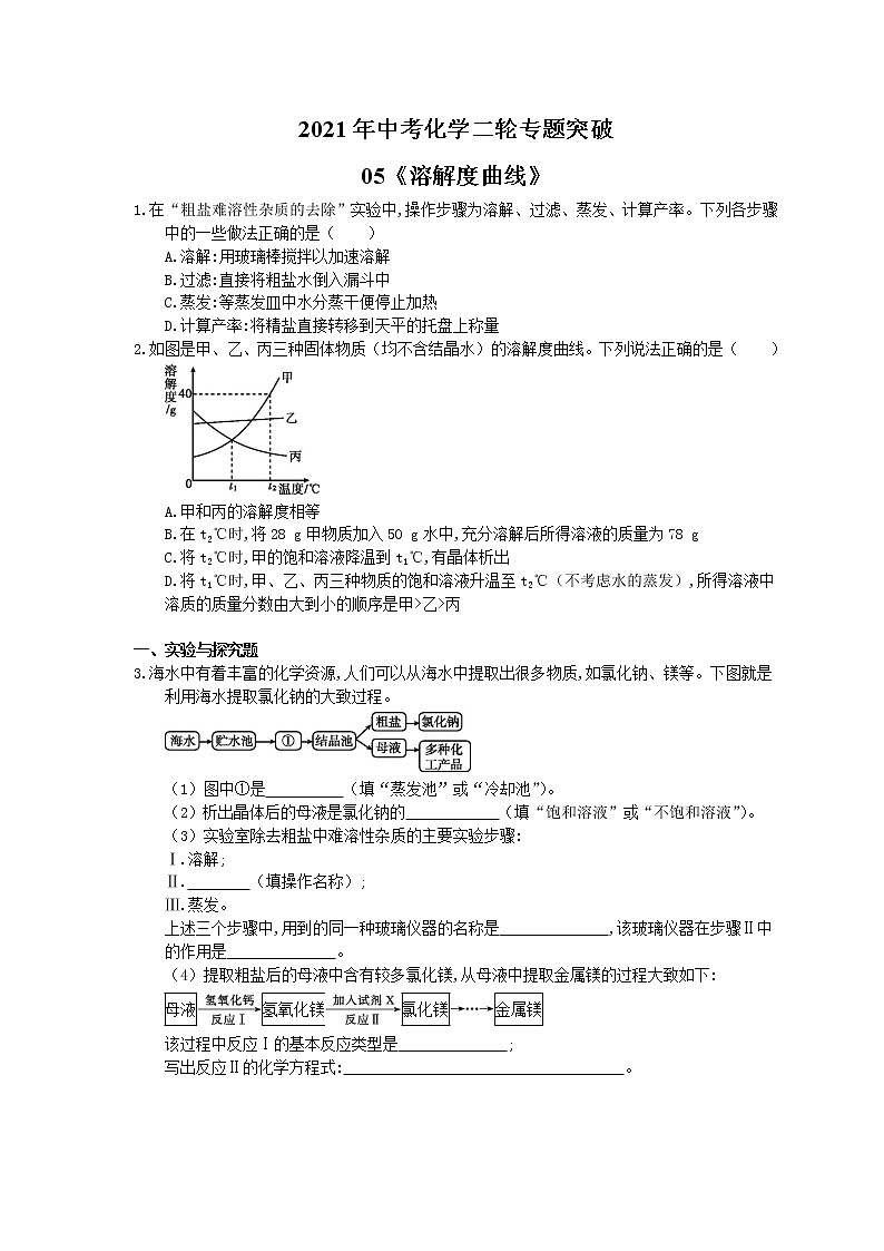 2021年中考化学二轮专题突破05《溶解度曲线》(含答案)01