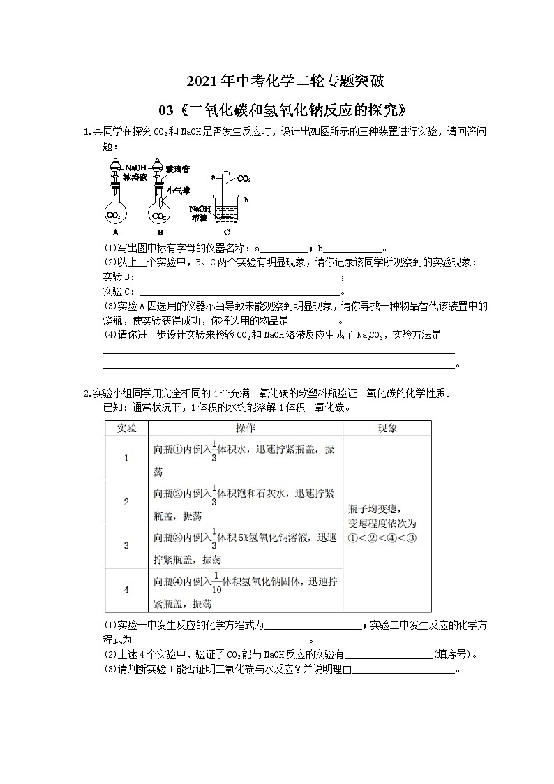 2021年中考化学二轮专题突破03《二氧化碳和氢氧化钠反应的探究》(含答案)01