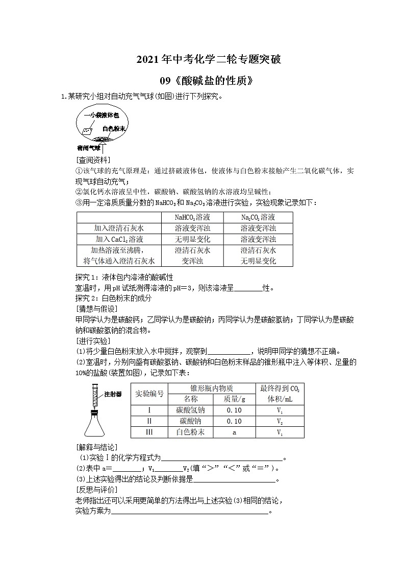 2021年中考化学二轮专题突破09《酸碱盐的性质》(含答案)第1页