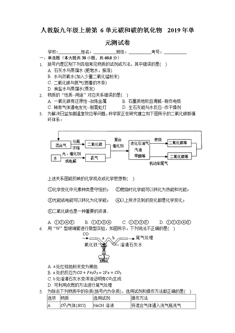 人教版九年级上册 第6单元 碳和碳的氧化物 2019年单元测试卷01