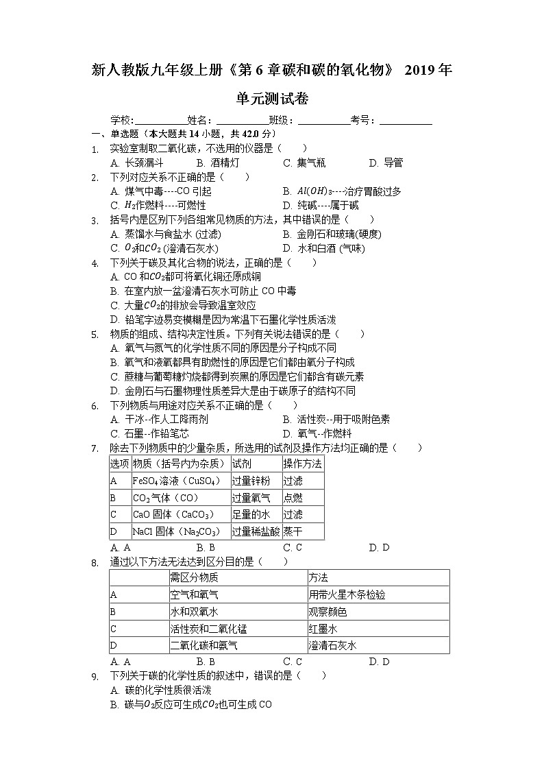 新人教版九年级上册《第6章 碳和碳的氧化物》2019年单元测试卷 (4)01