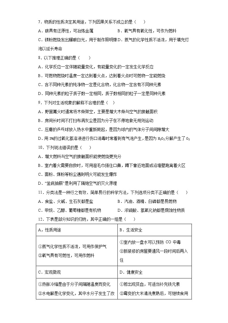 人教版初中化学第七单元燃料及其利用测试题02