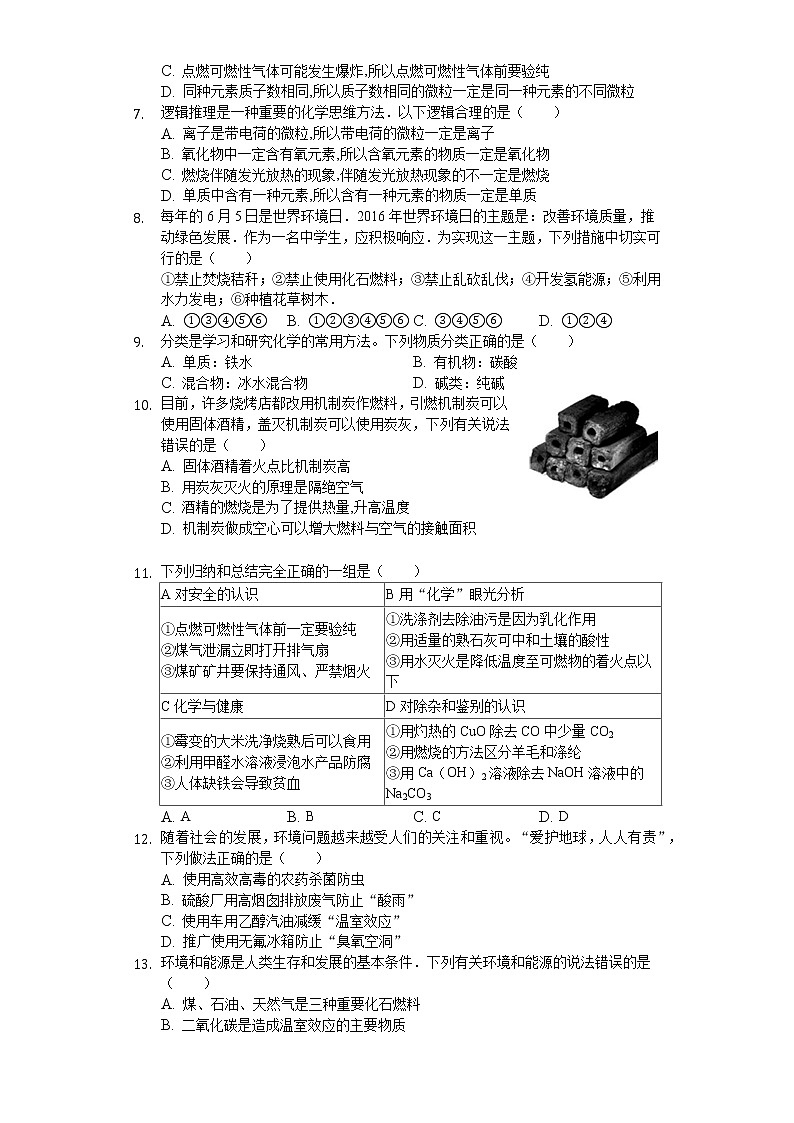 人教版九年级上册第7单元 燃料及其利用2020年单元测试02