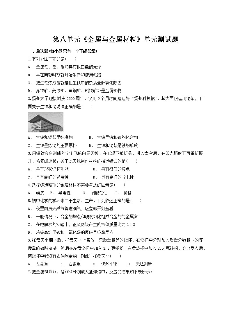 人教版初中化学九年级下册第八单元 金属与金属材料 单元测试01