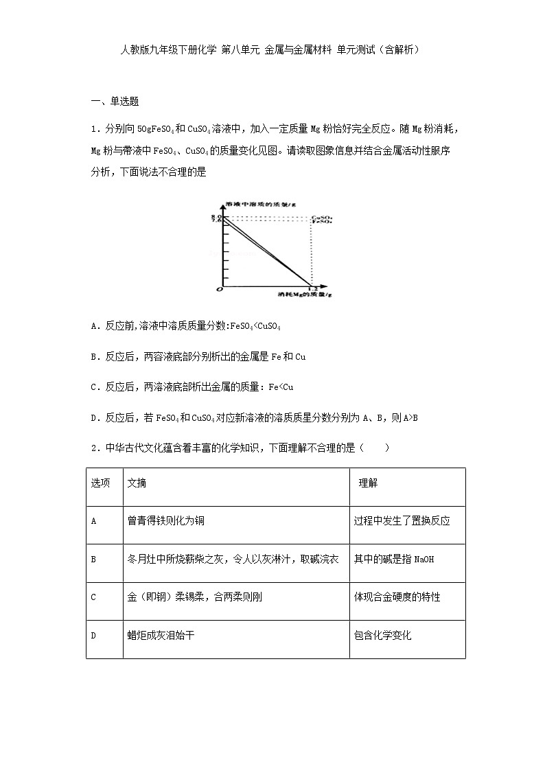 人教版九年级下册化学 第八单元 金属与金属材料 单元测试01