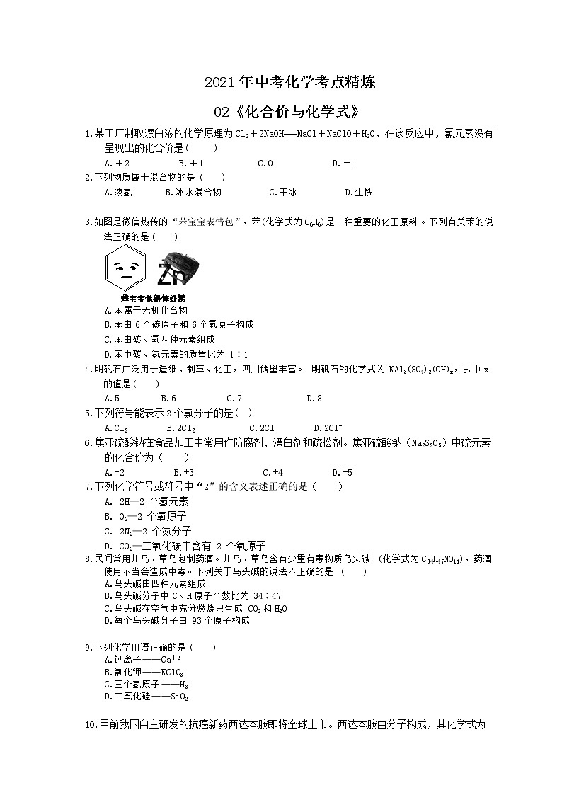 2021年中考化学考点精炼02《化合价与化学式》(含答案)第1页