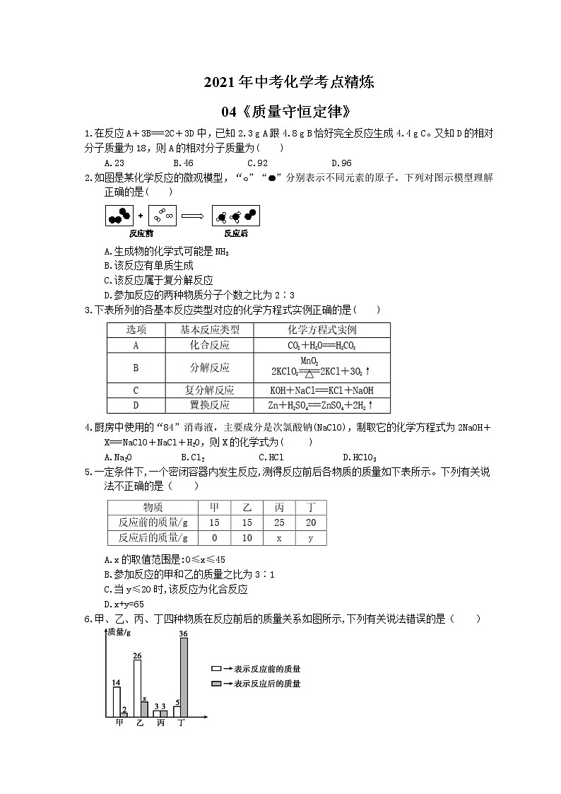 2021年中考化学考点精炼04《质量守恒定律》(含答案)第1页