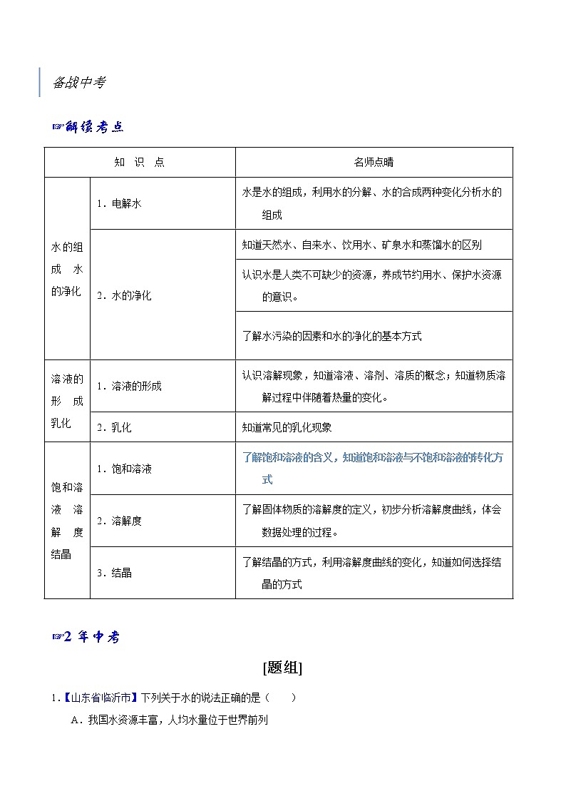 专题02 水与常见溶液-2年中考1年模拟备战中考化学精品系列（解析版）第1页