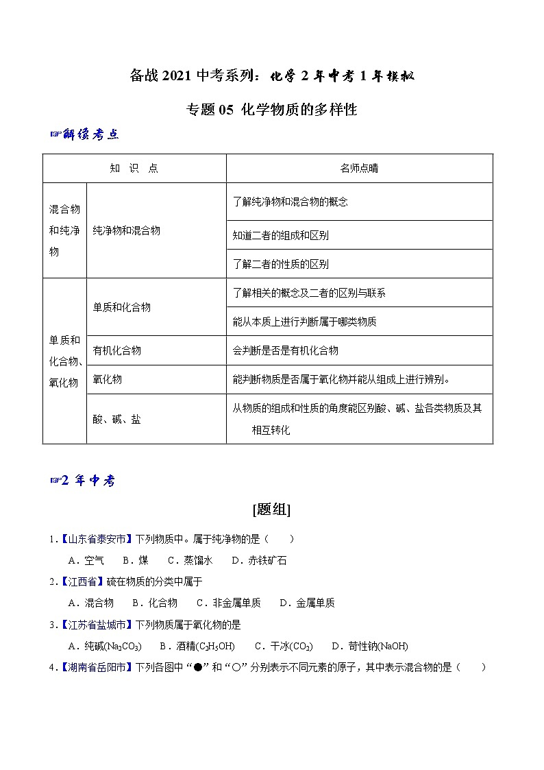 专题05 化学物质的多样性-2年中考1年模拟备战2021年中考化学精品系列（原卷版）第1页