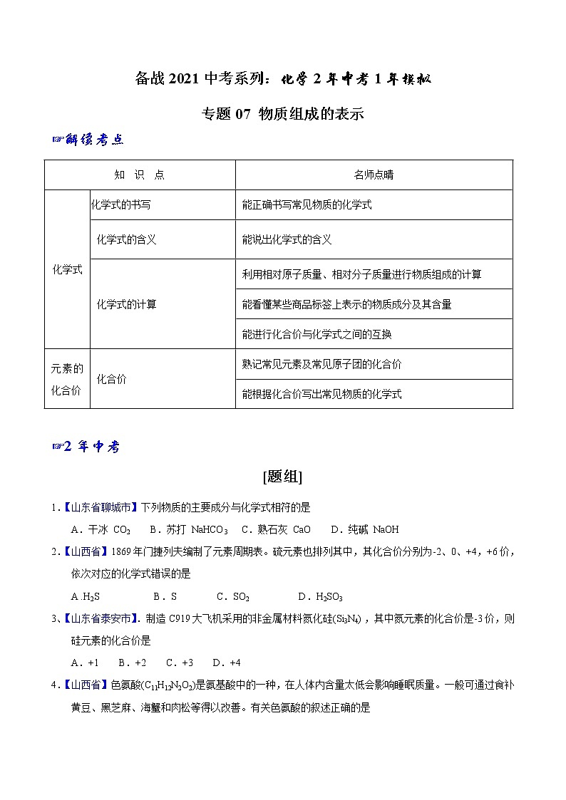 专题07 物质组成的表示-2年中考1年模拟备战2021年中考化学精品系列（原卷版）第1页
