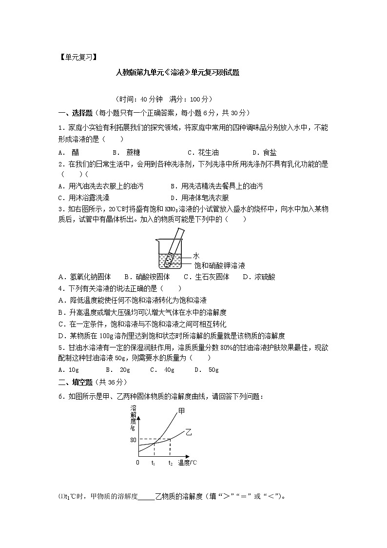 单元复习 人教版第九单元 溶液  单元复习测试题01