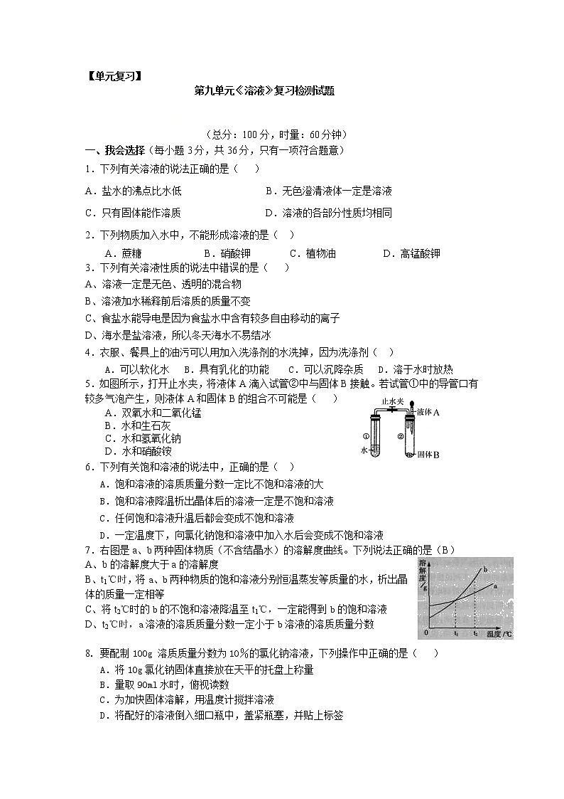 单元复习 人教版第九单元 溶液 复习检测题01