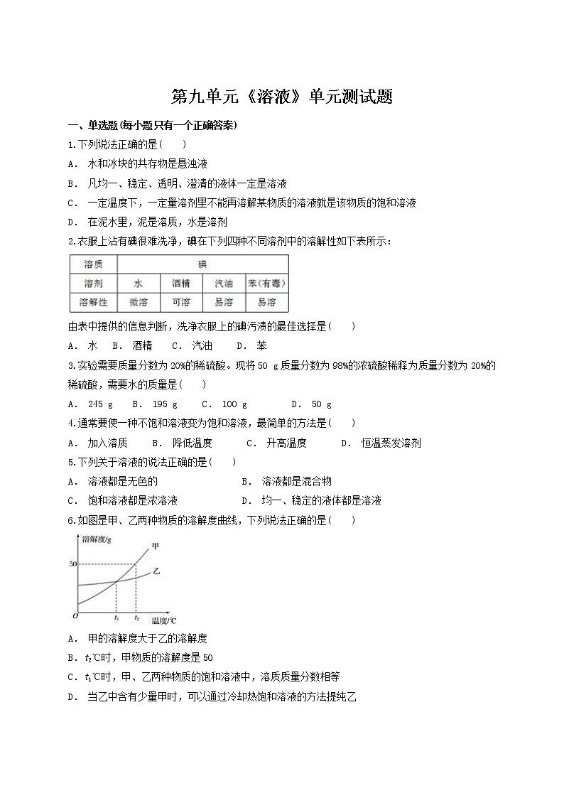 人教版初中化学九年级下册第九单元溶液单元测试题01