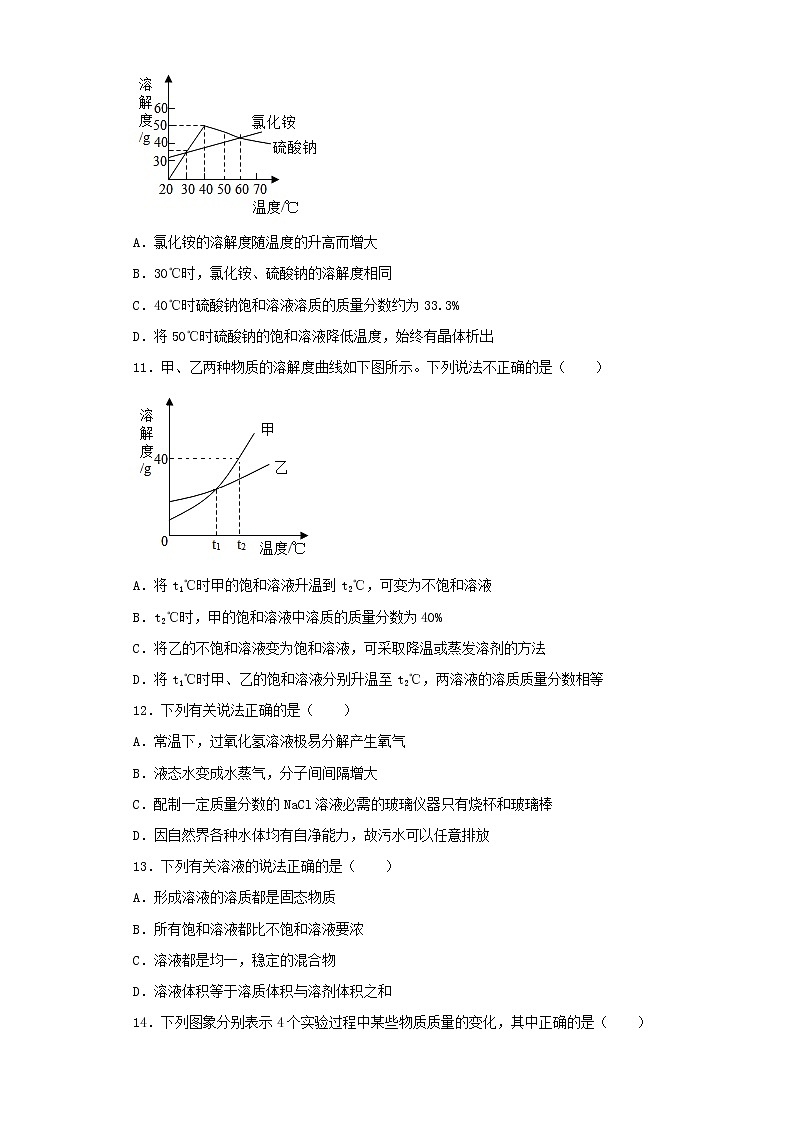 人教版化学九年级下册第九单元溶液 测试题  (1)03