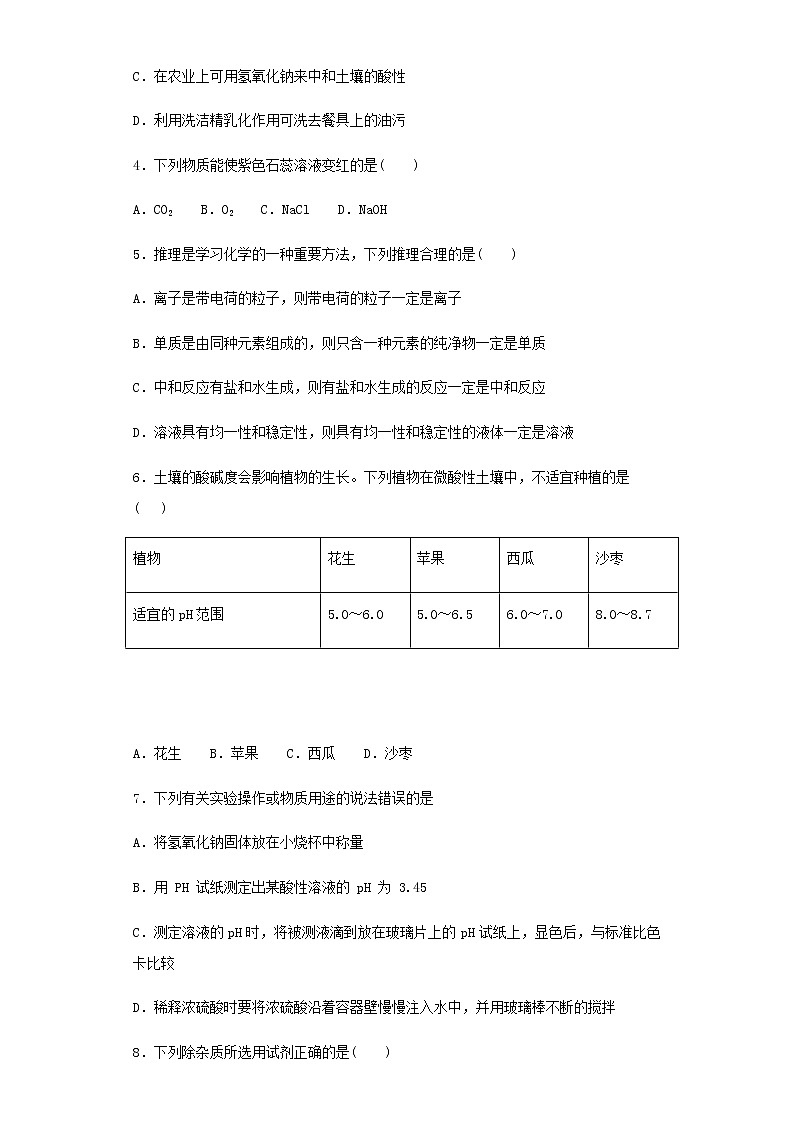 人教版九年级下册化学单元检测卷 第十单元 酸和碱（含解析）02