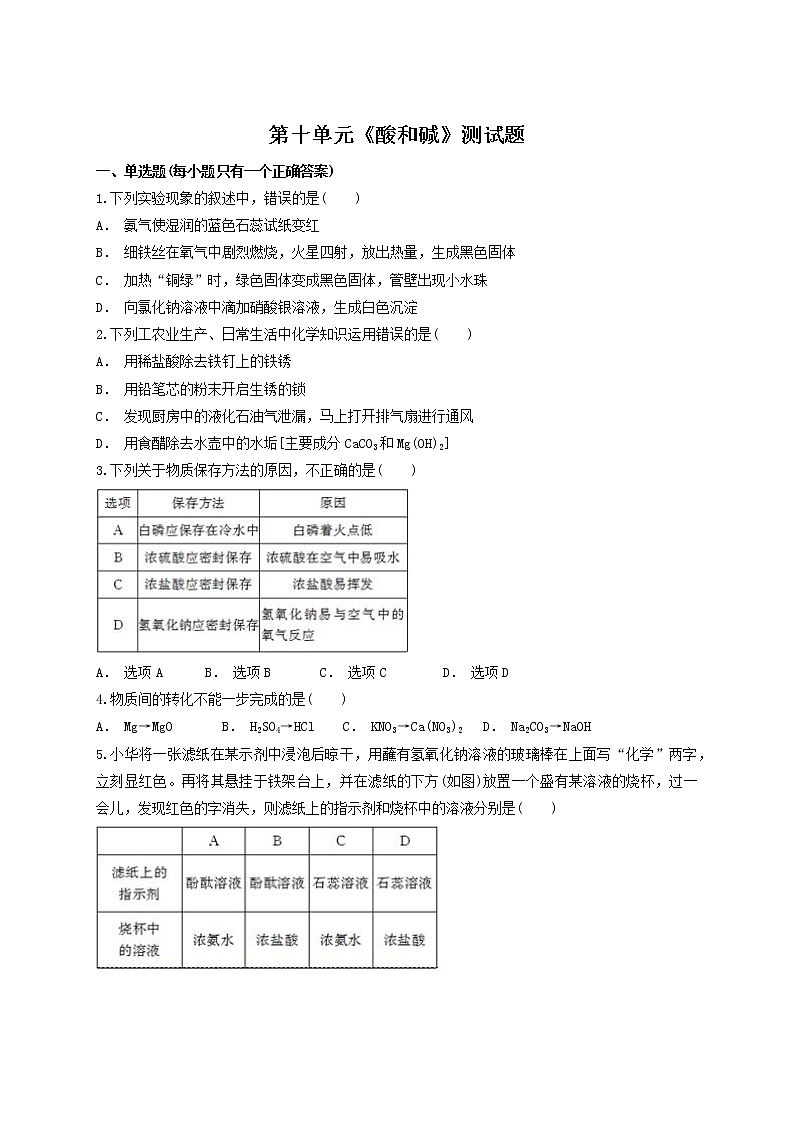 人教版初中化学九年级下册第十单元酸和碱测试题 (1)01
