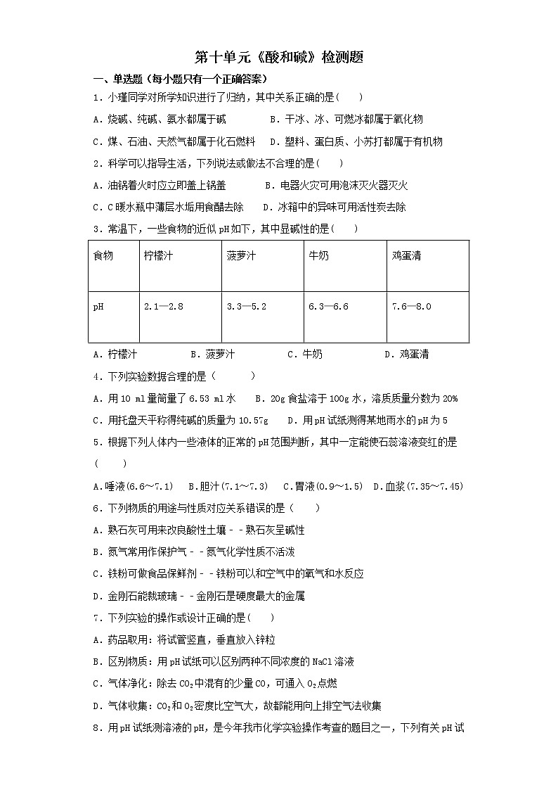 人教版初中化学九年级下册第十单元酸和碱检测题 (2)01
