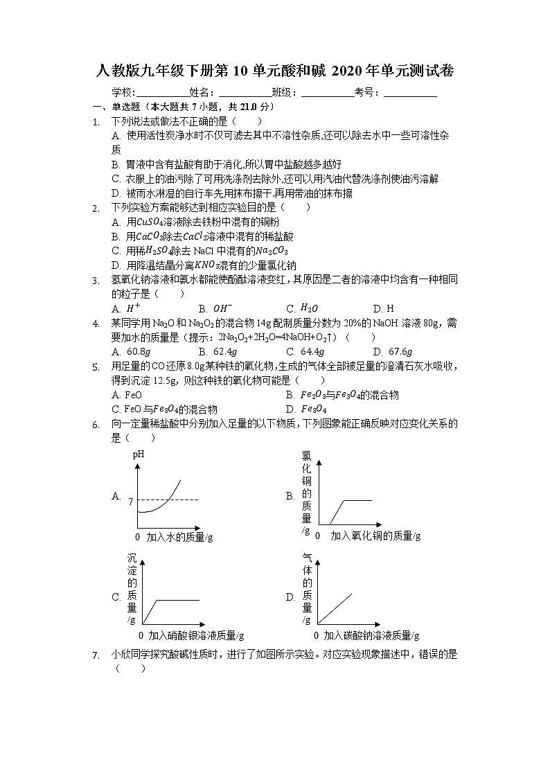 人教版九年级下册第10单元 酸和碱2020年单元测试卷01