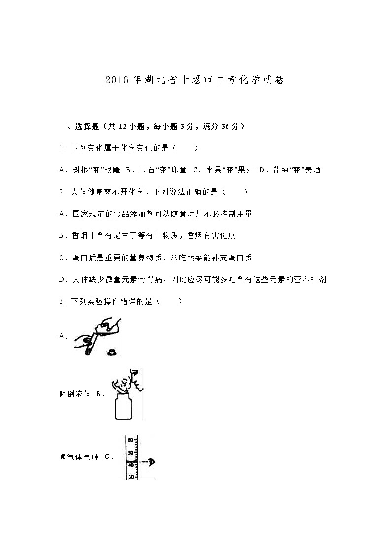 湖北省十堰市2016年中考化学试题(word版-含解析).doc01