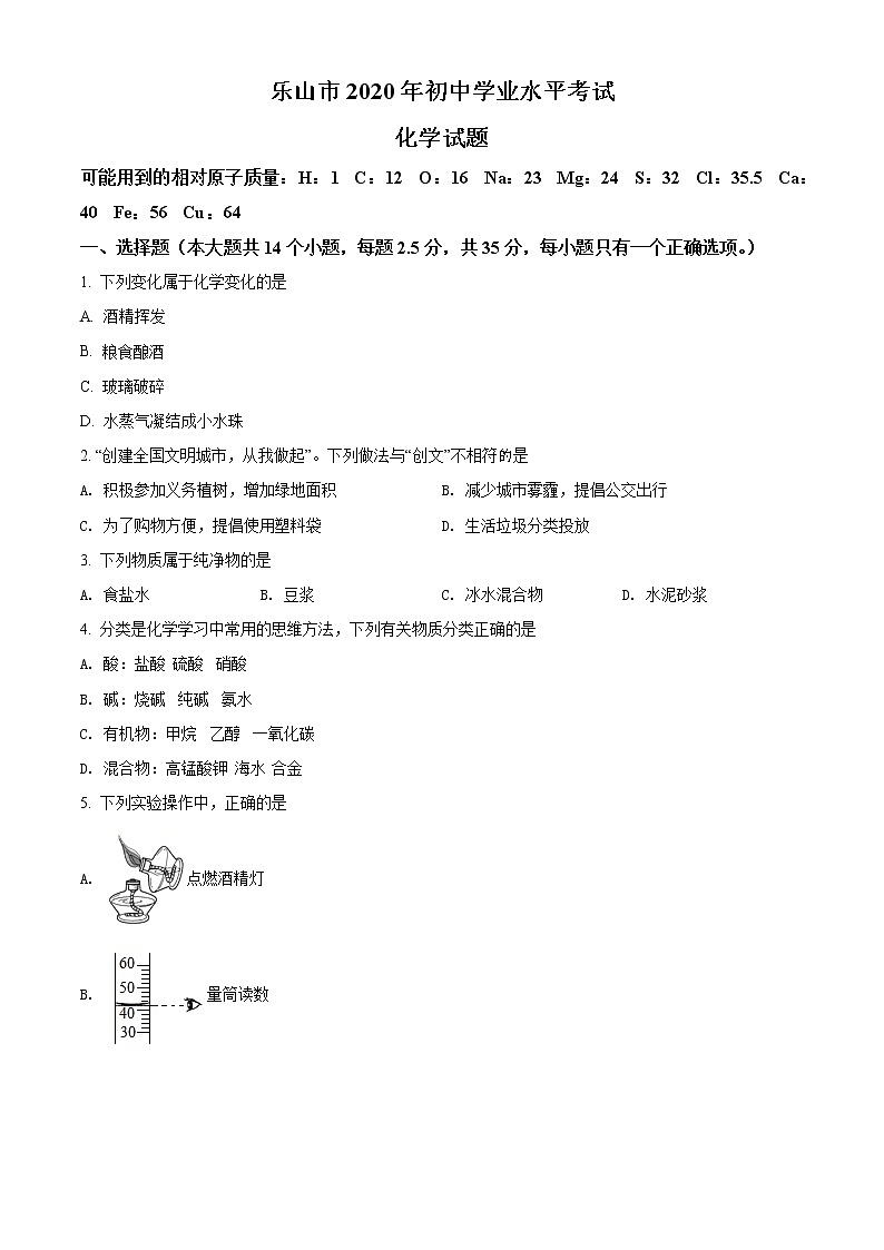 2020年中考真题精品解析 化学（四川乐山卷）精编word版01