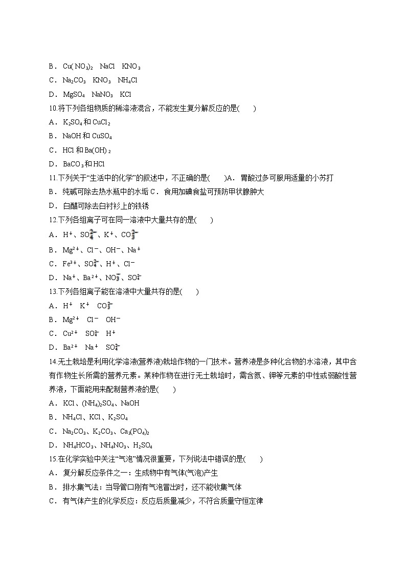 初中化学九年级下册第十一单元 盐 化肥 单元测试卷03