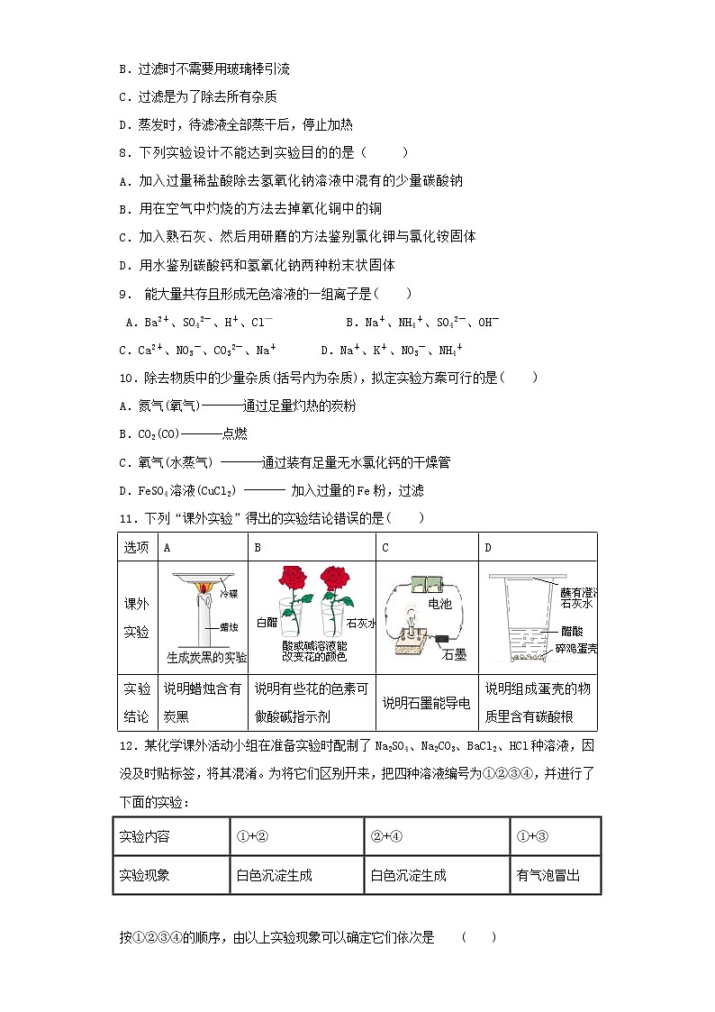 人教版初中化学九年级下册第十一单元 盐 化肥 测试题02