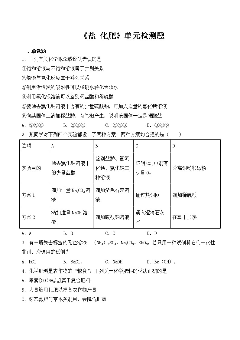 人教版初中化学九年级下册第十一单元 盐 化肥 单元检测01