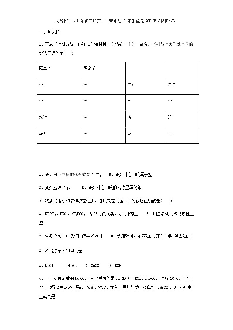 人教版化学九年级下册第十一单元 盐 化肥 单元检测题01