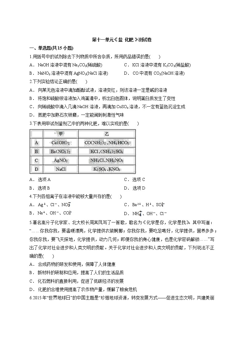 人教版初中化学九年级下册第十一单元盐  化肥  测试卷01