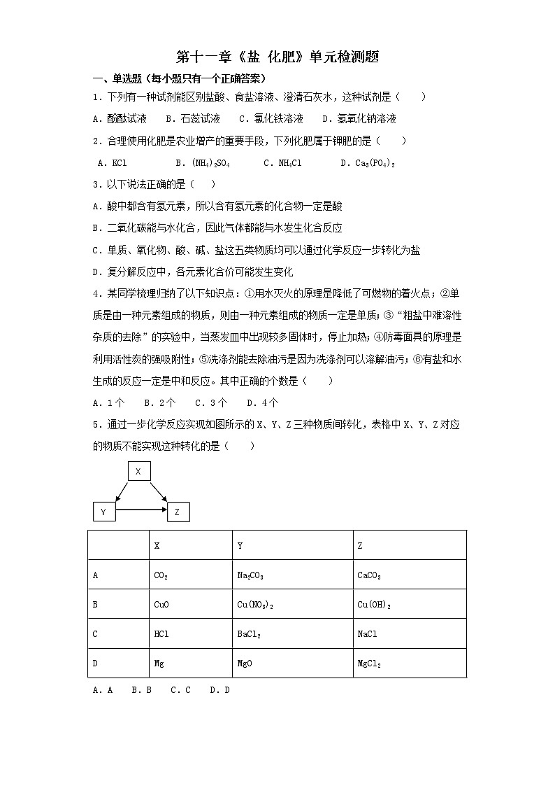 人教版初中化学九年级下册第十一单元 盐 化肥 单元检测题  (10)第1页