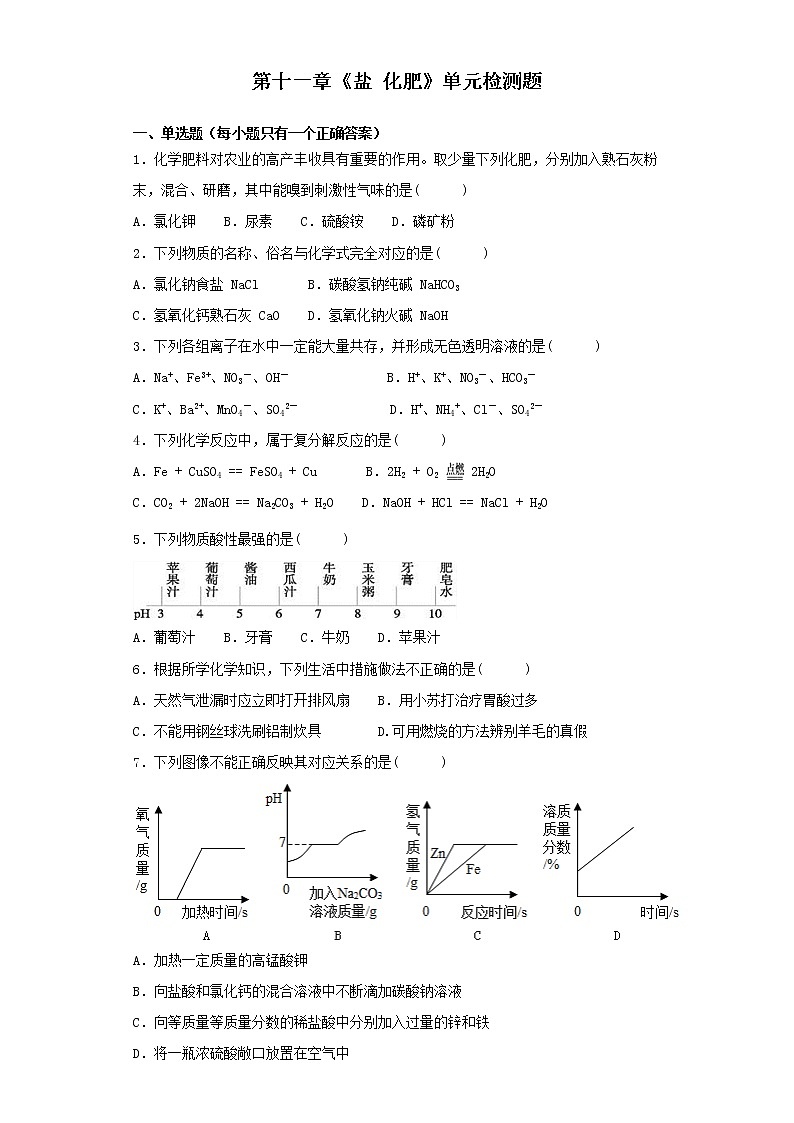 人教版初中化学九年级下册第十一单元 盐 化肥 单元检测题  (12)第1页