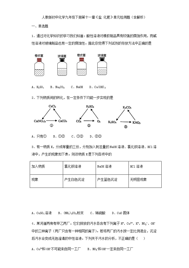 人教版初中化学九年级下册第十一单元 盐 化肥 单元检测题（含解析）01