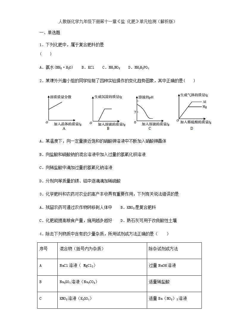 人教版化学九年级下册第十一单元 盐 化肥 单元检测01