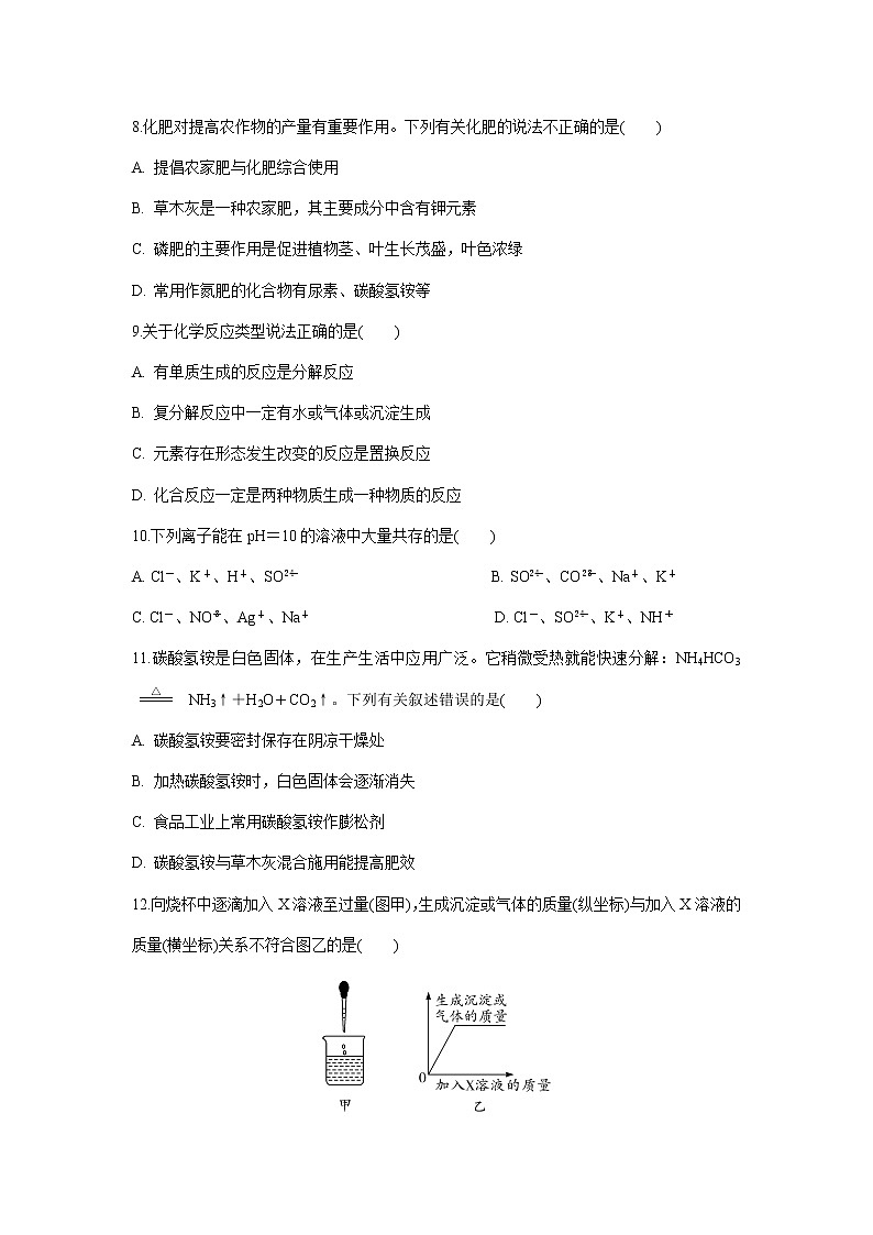 人教版九年级化学第11单元 盐 化肥 单元检测试卷02