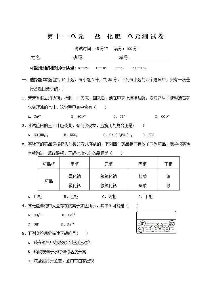 人教版化学九年级下第十一单元  盐 化肥 单元测试卷01