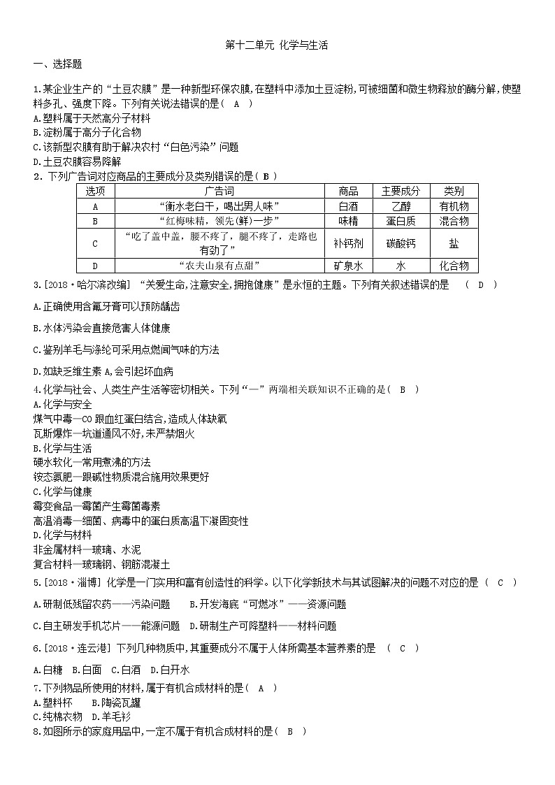 九年级下册（人教版）化学第十二单元 化学与生活 单元测试卷01
