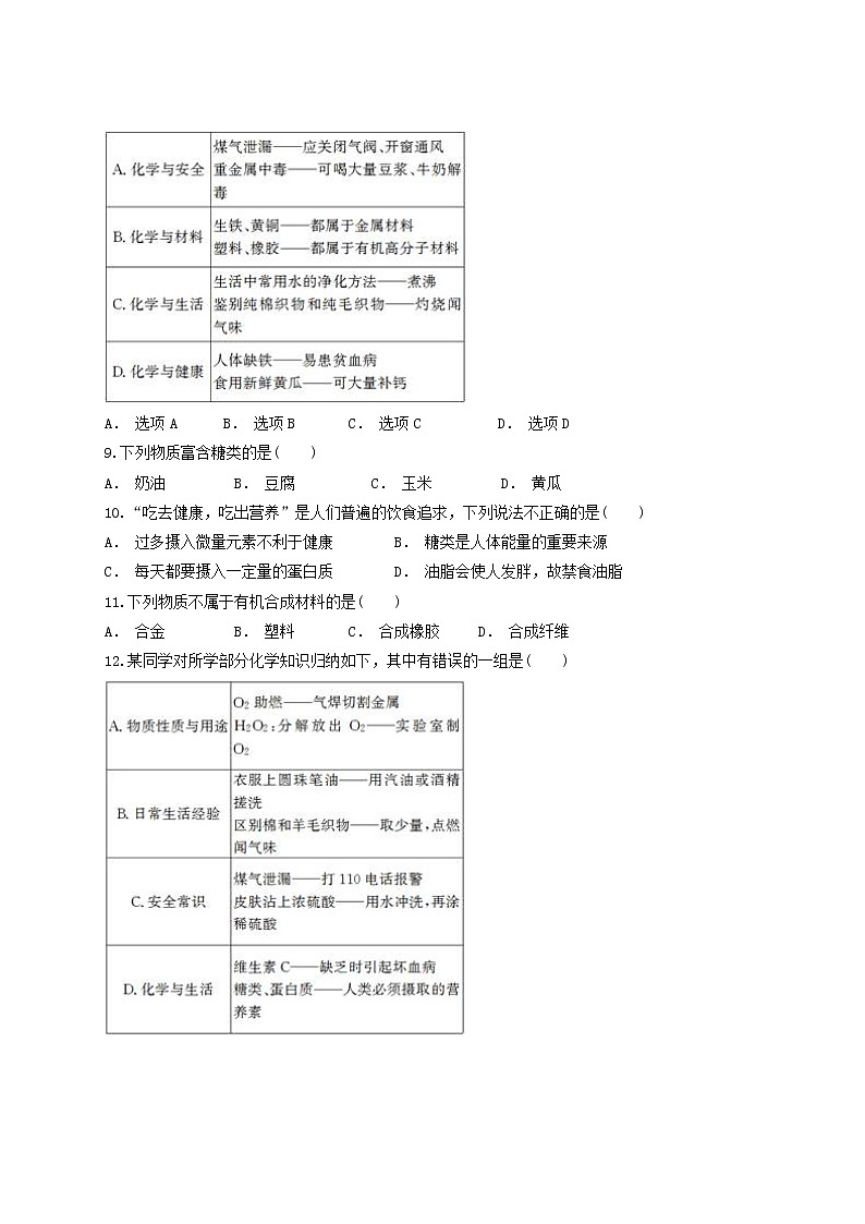 人教版初中化学九年级下册第12单元 化学与生活测试题02
