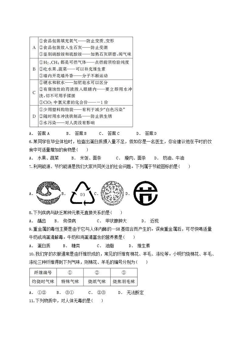 人教版初中化学九年级下册第十二单元 化学与生活检测题02